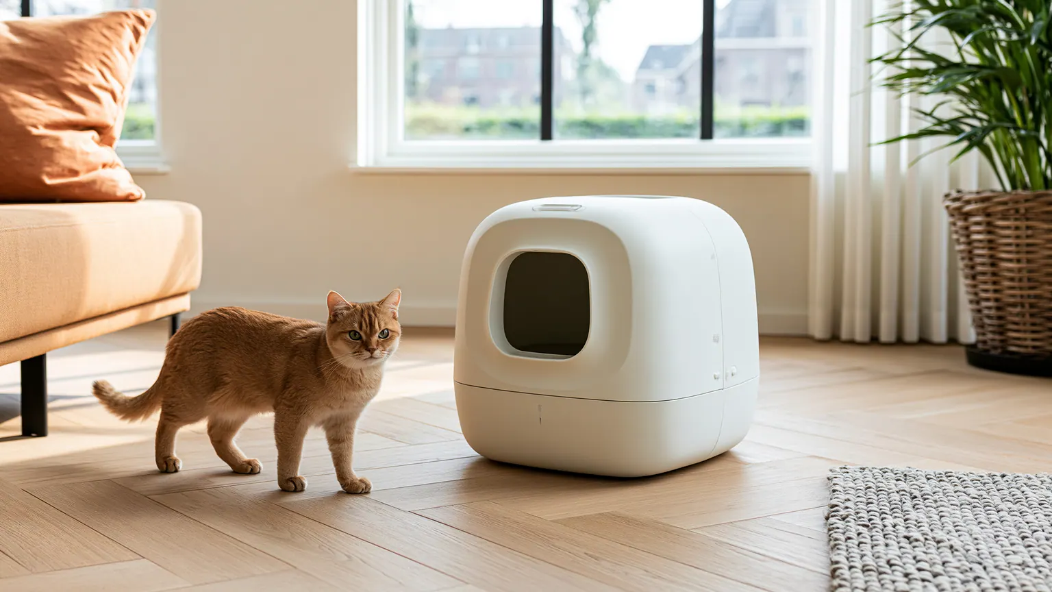 Kat naast een moderne zelfreinigende kattenbak